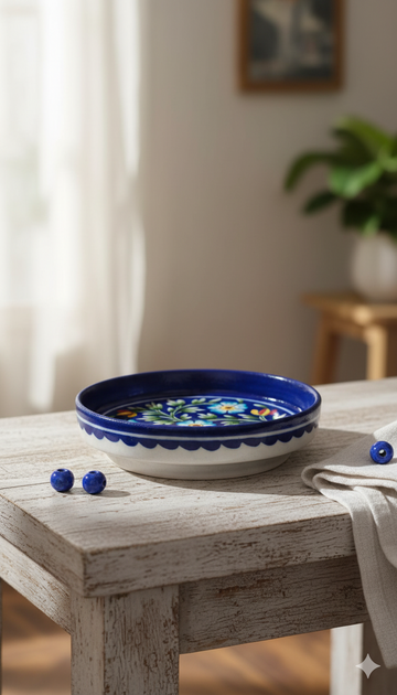 8 Inch Blue Pottery Pasta Plate – Jaipur Handcrafted Deep Round Floral Ceramic Plate | Indian Artisan Dinnerware for Pasta, Salads & Bowls