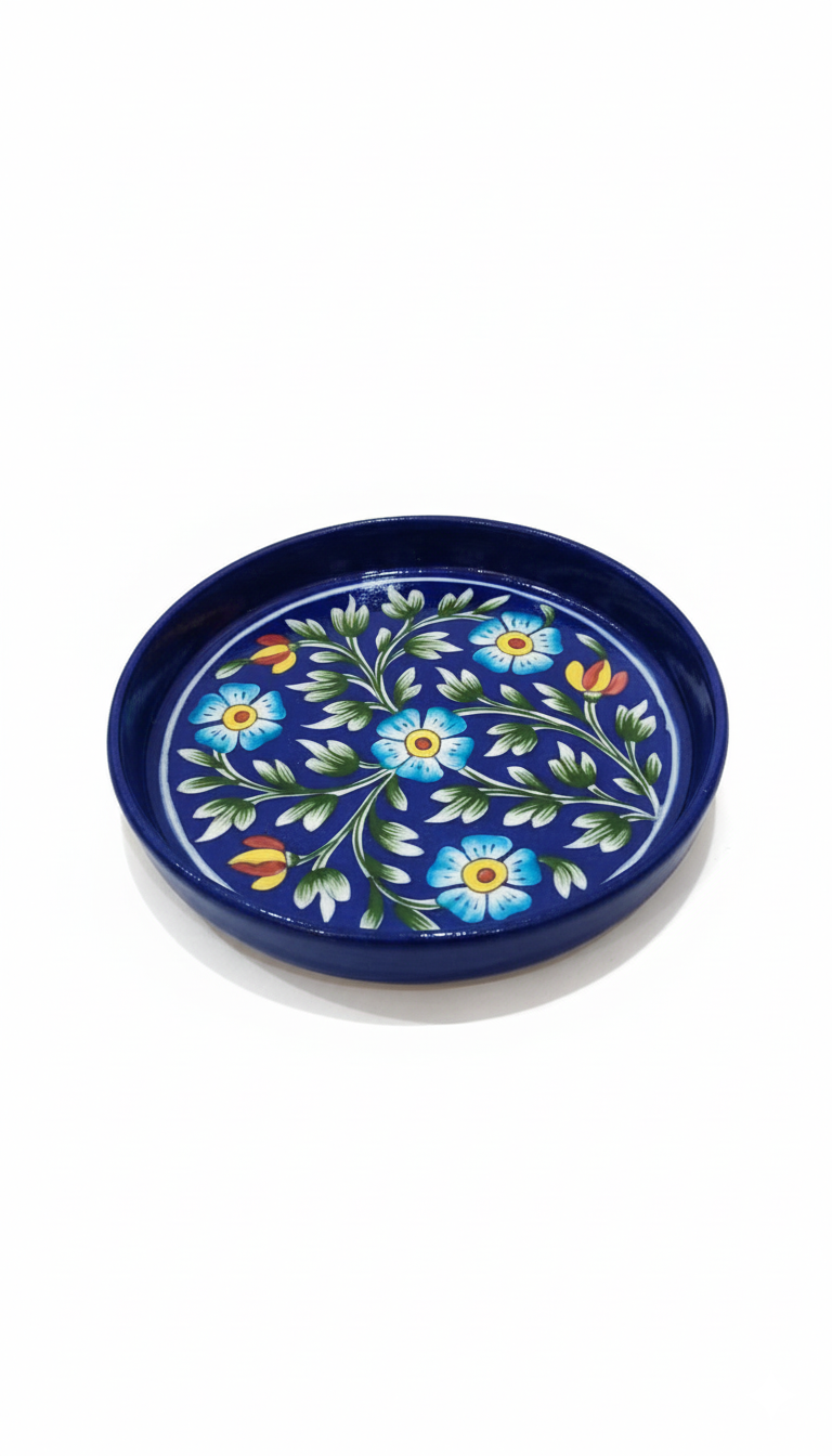 8 Inch Blue Pottery Pasta Plate – Jaipur Handcrafted Deep Round Floral Ceramic Plate | Indian Artisan Dinnerware for Pasta, Salads & Bowls