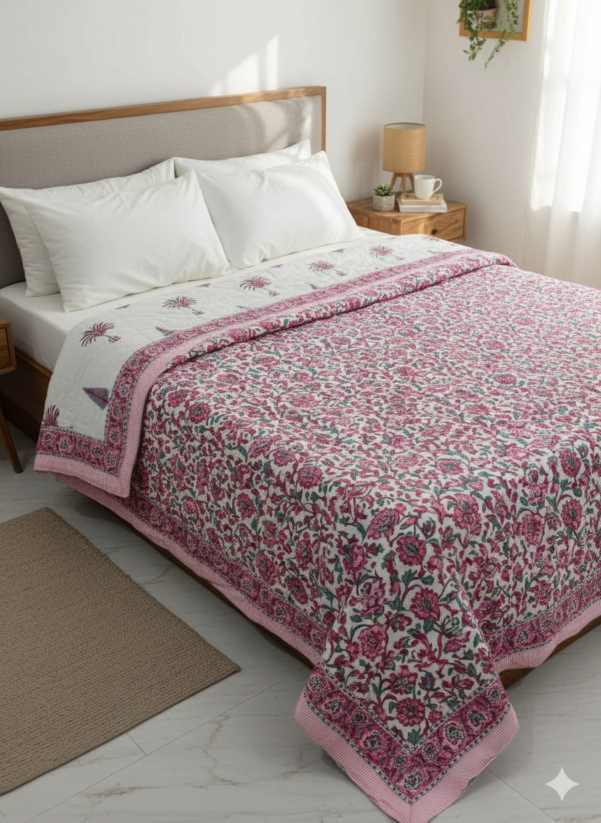 Two-Sided Reversible Razi Bedspread - Handcrafted Block Print Cotton Quilt | Double-Sided Lightweight Floral Quilt for Bedroom