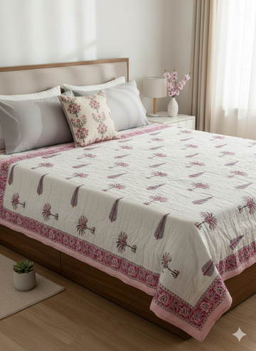 Two-Sided Reversible Razi Bedspread - Handcrafted Block Print Cotton Quilt | Double-Sided Lightweight Floral Quilt for Bedroom