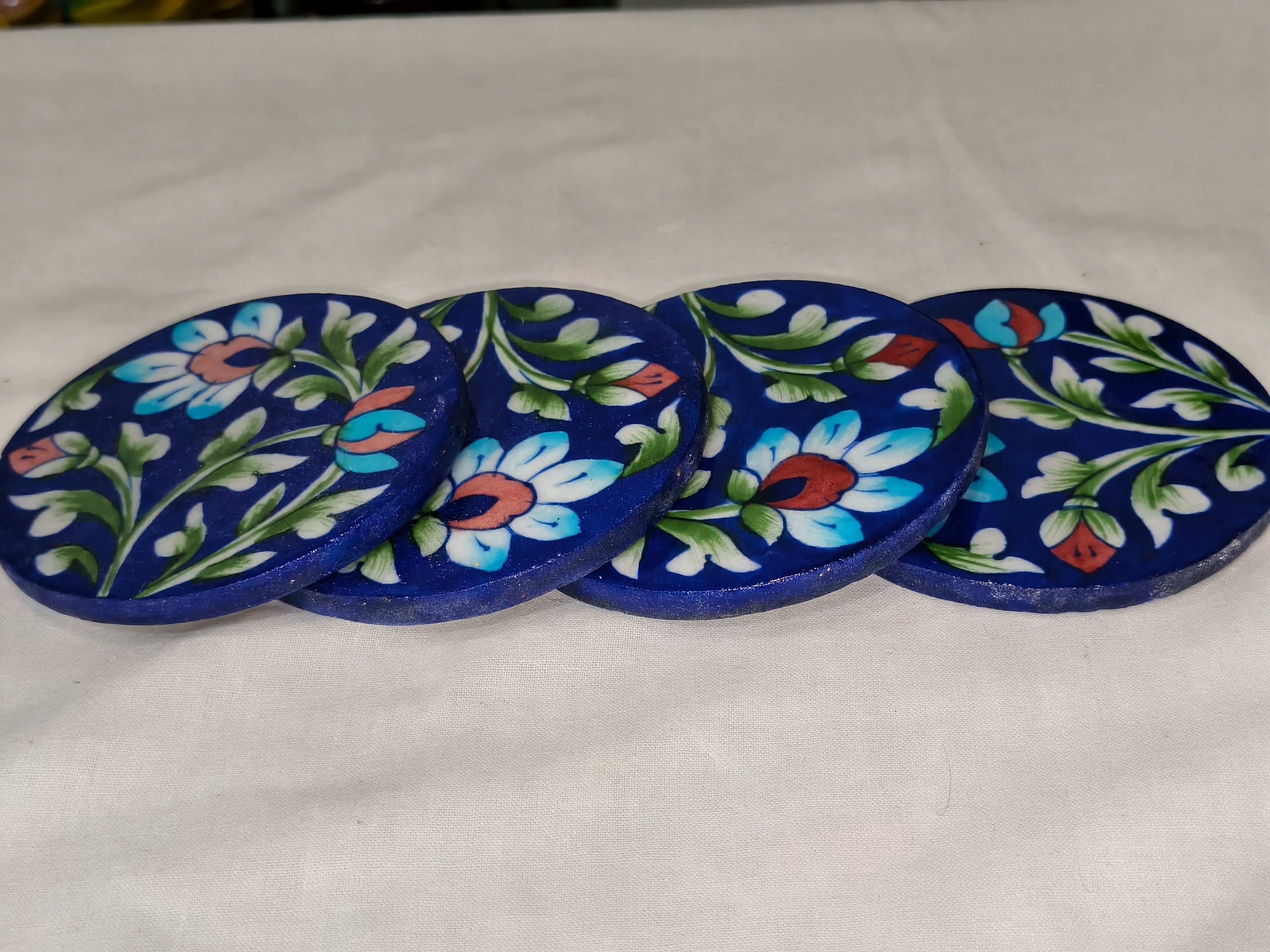 Hand-Painted Jaipur Blue Pottery Coasters (Set of 4) - Traditional Indian Floral Ceramic Drink Coasters for Tea, Coffee & Mugs - Round Tabletop Protection.