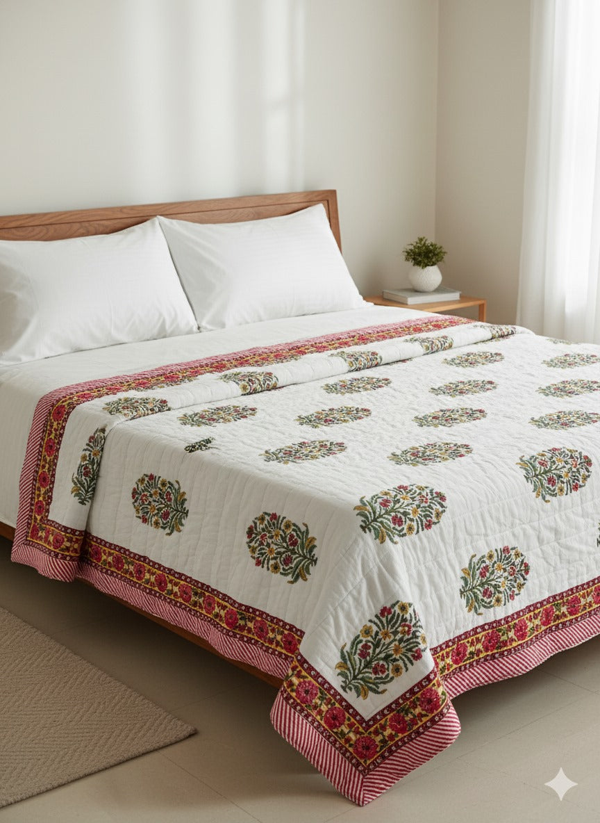 Jaipuri Hand-Quilted Reversible King Size Mulmul Cotton Razai (90x108 inches) | Floral Block Print Quilt | Premium Indian Dohar for All Seasons