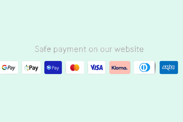 Logos of various payment methods on a black background with text 'Safe payment on our website'.