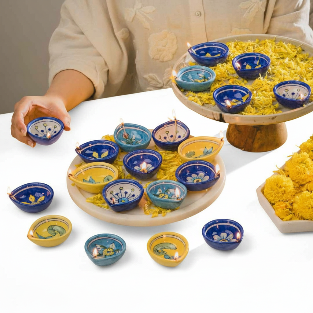 ( 20 pics diya )Handcrafted Blue Pottery Diya – Jaipur Art for Festive Décor